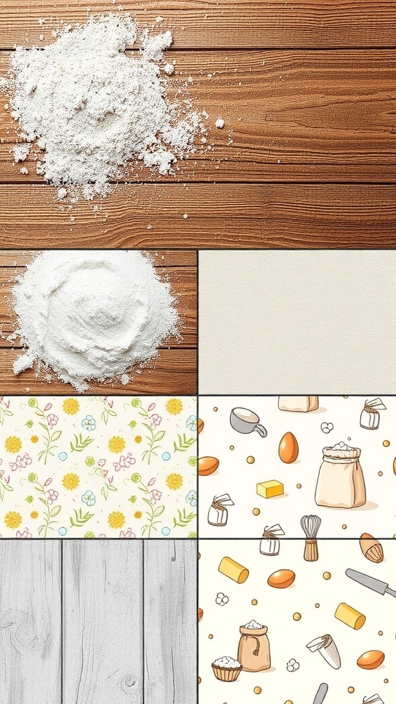 A variety of flour wallpaper backgrounds with textures and baking illustrations.